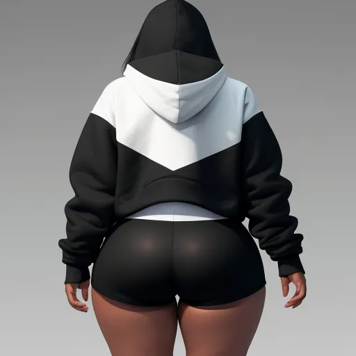 ai text to image generator - a woman in a black and white hoodie and shorts is standing back to back with her hands on her hips, by Pixar Concept Artists