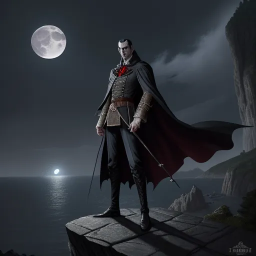 a man dressed in a costume standing on a ledge with a full moon in the background and a full moon in the sky, by Abigail Larson