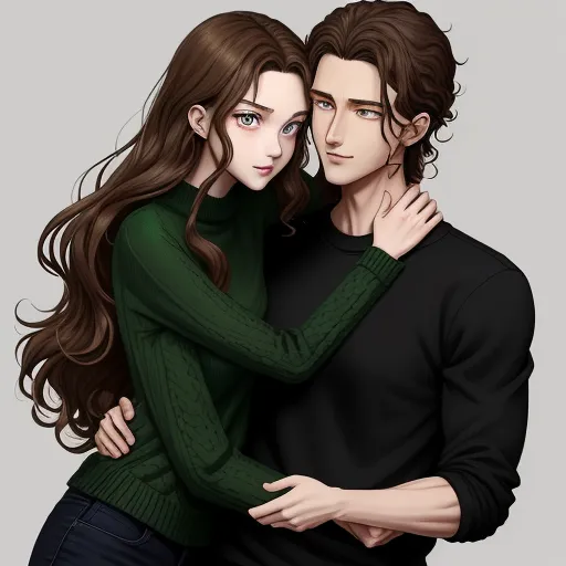 a couple hugging each other with long hair and blue eyes, in a green sweater and black pants,, by Lois van Baarle