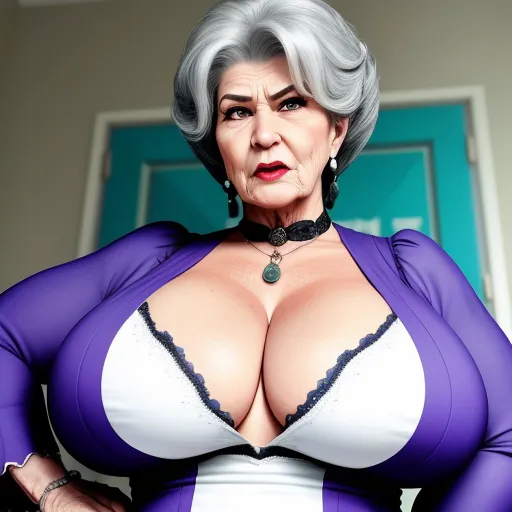 a woman with big breast wearing a purple and white outfit and black choker and stockings and posing for a picture, by Botero