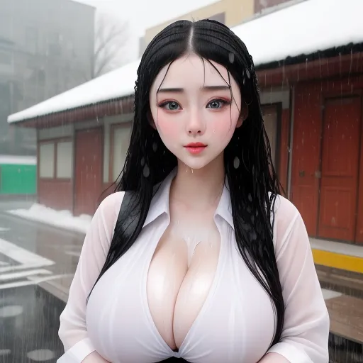 a woman with long black hair and a white shirt is standing in the rain with her hands on her hips, by Chen Daofu