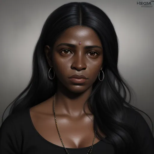 a woman with long black hair and a necklace on her neck and a black shirt on her chest and a gray background, by Daniela Uhlig