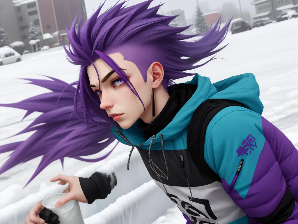 make any photo hd - a man with purple hair and a blue jacket is standing in the snow with his hand on a white fence, by Hirohiko Araki