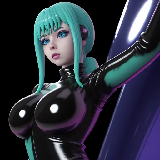 a cartoon girl with blue hair and black latex outfit holding a surfboard in her hand and looking at the camera, by Terada Katsuya