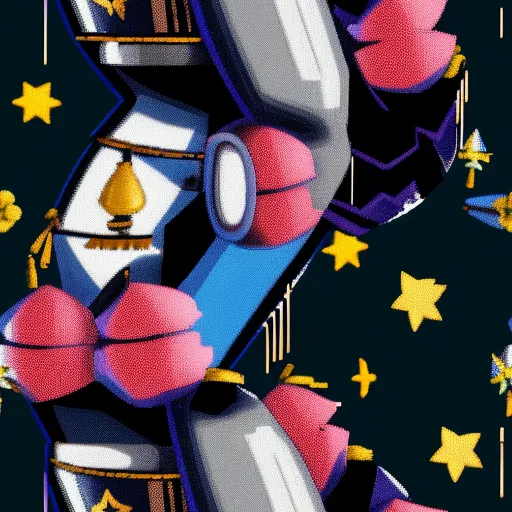 a cartoon character with a hat and a bell on his head and a star background with stars and a bell on his head, by Romero Britto