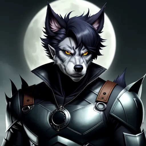 inch to pixel converter - a wolf with a helmet and a sword in front of a full moon with a wolf like face and a leather collar, by Terada Katsuya