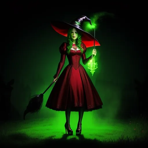 a woman dressed in a red dress and witch hat holding a broom and a green light behind her is a green background, by Michael Hutter