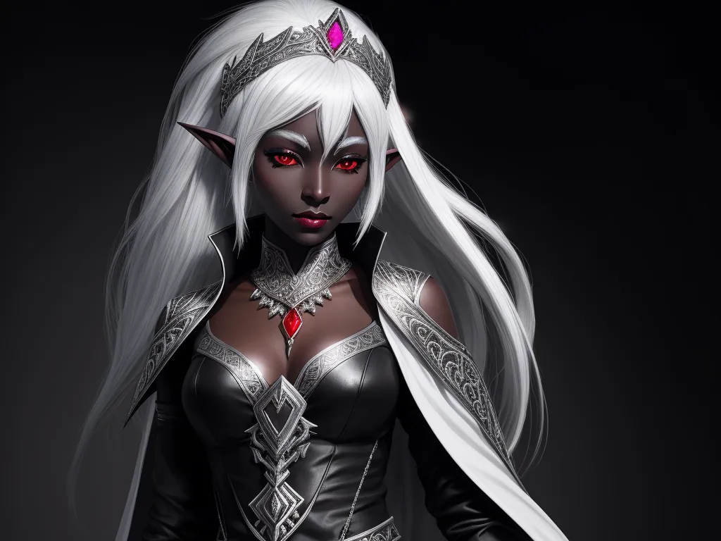 hdphoto - a woman with white hair and red eyes wearing a black outfit and a red heart on her chest and a white wig, by Terada Katsuya