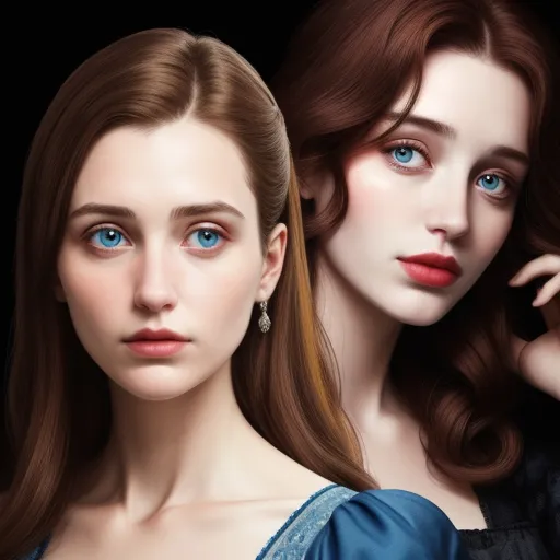 high resolution images - two women with blue eyes and long hair, one with red hair and the other with brown hair and blue eyes, by Emily Murray Paterson