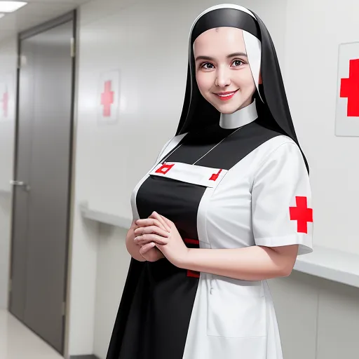 ai image enlarger - a woman in a nun outfit standing in a hallway with a red cross on the back of her dress, by Terada Katsuya