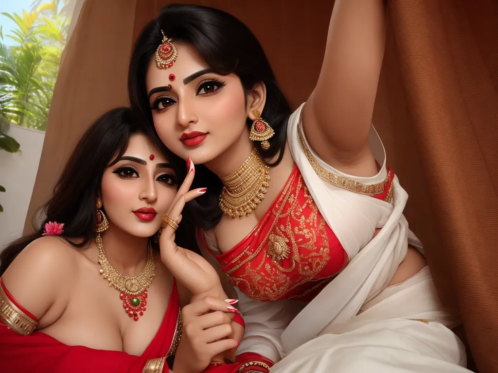 two women in red and white outfits posing for a picture together with their hands on their cheek and one of them touching her cheek, by Raja Ravi Varma