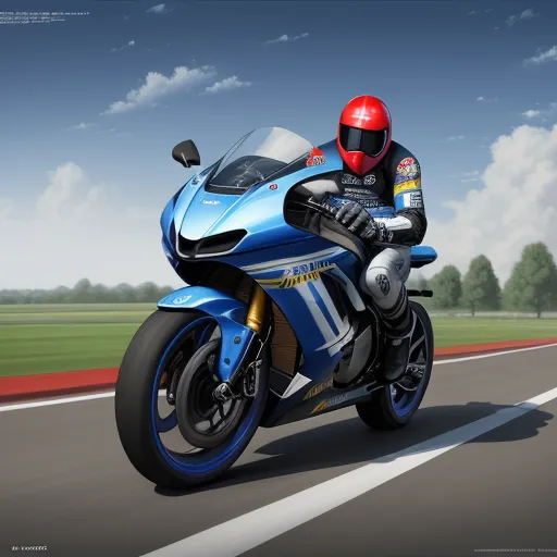 a man riding a blue motorcycle down a road next to a lush green field and a blue sky with clouds, by NHK Animation