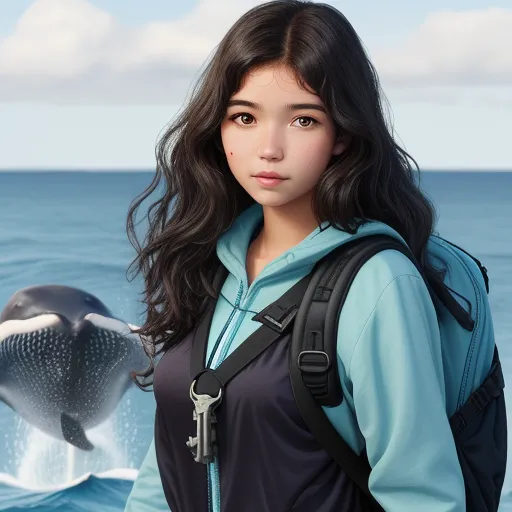 ai your photos - a woman with a backpack and a whale in the background is looking at the camera and a whale is in the water, by Hayao Miyazaki