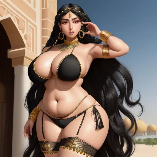text to illustration ai - a very sexy woman in a bikini and gold jewelry posing for a picture in front of a building with a desert background, by Hirohiko Araki