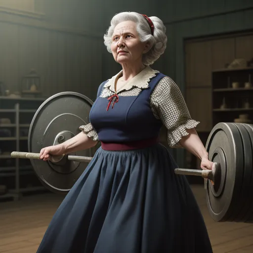 a woman in a dress holding a barbell in a gym area with a weight plate on one arm, by Jamie Baldridge