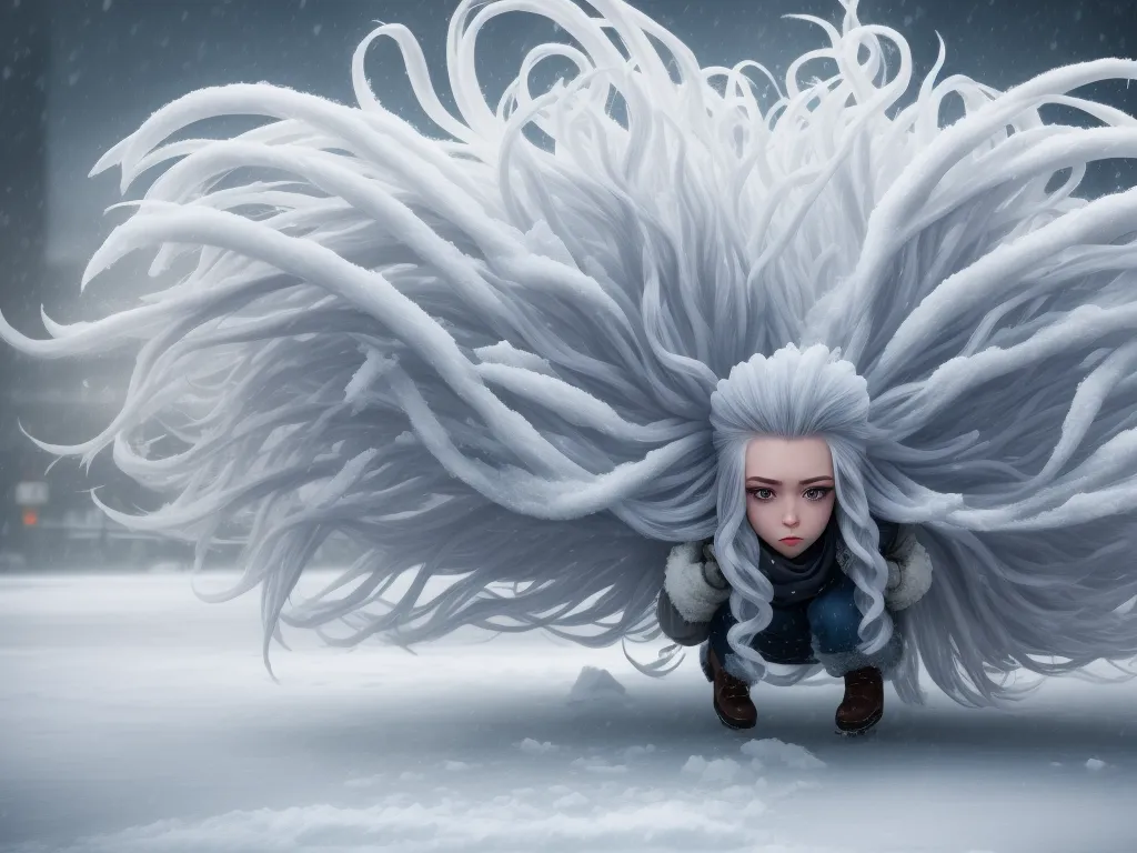 a woman with white hair and a black outfit is in the snow with her hair blowing in the wind, by Hayao Miyazaki