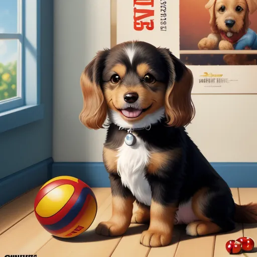 a dog sitting next to a ball on a wooden floor in front of a window with a picture of a puppy, by Pixar Concept Artists