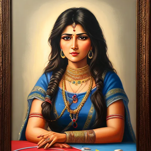 a painting of a woman in a blue dress with jewelry on her neck and hands on her chest, sitting at a table, by Raja Ravi Varma