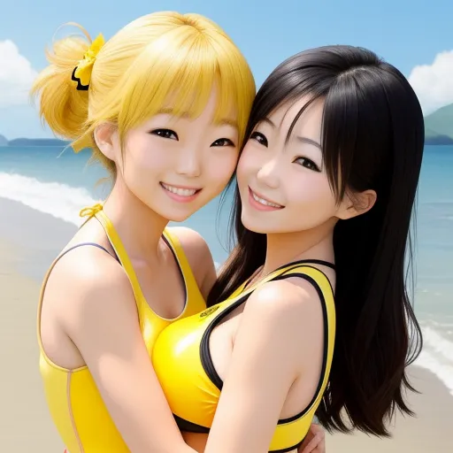 hdphoto - two asian women hugging on the beach with the ocean in the background photo by shutterstocker / shutterer, by Toei Animations