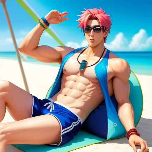 high resolution image - a man with pink hair sitting on a towel on the beach with a surfboard in his hand and a towel around his neck, by Hanabusa Itchō