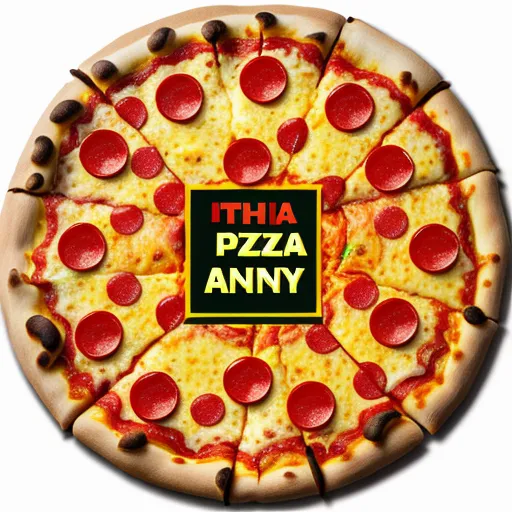 free ai text to image generator - a pizza with pepperoni and cheese on it with a sign that says thia pizza anny on it, by Hanna-Barbera
