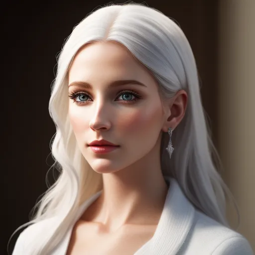 ai generated images from text - a woman with white hair and blue eyes wearing a white sweater and earrings with a black background and a black backdrop, by Hsiao-Ron Cheng