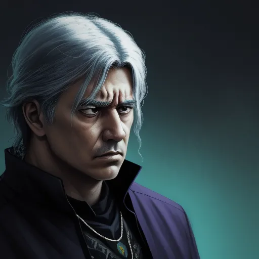 low resolution images - a man with white hair and a black shirt and a necklace on his neck and a necklace on his neck, by Lois van Baarle
