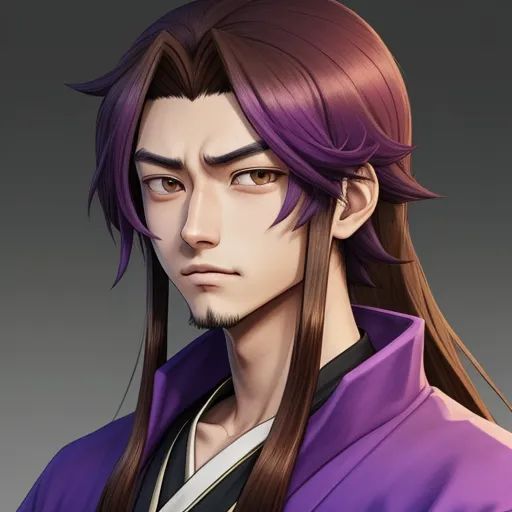 text to picture ai - a man with long hair and a purple jacket is looking at the camera with a serious look on his face, by Baiōken Eishun