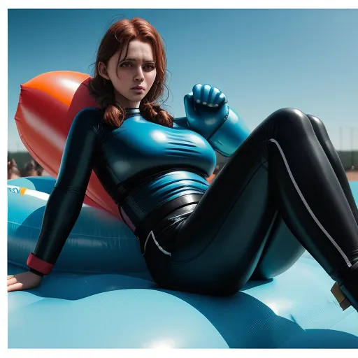 ai image generator from text online - a woman in a blue and black suit is sitting on a blue inflatable object with a red and orange ball, by Terada Katsuya