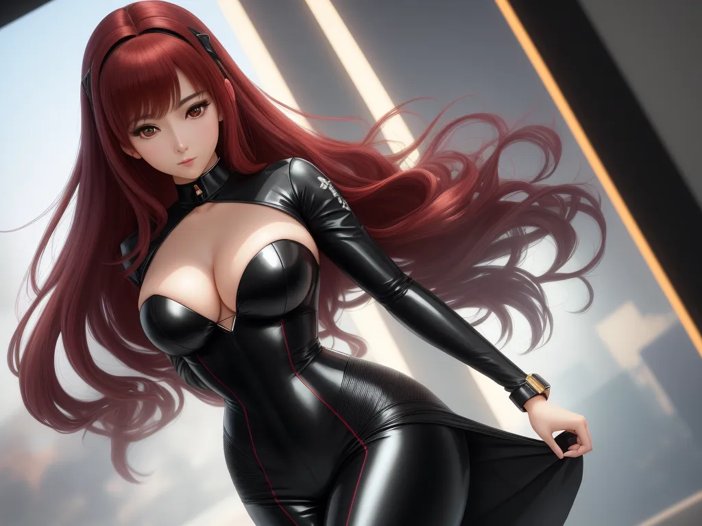 ai generator image - a woman in a black catsuit posing for a picture with her hair blowing in the wind and her eyes closed, by Leiji Matsumoto