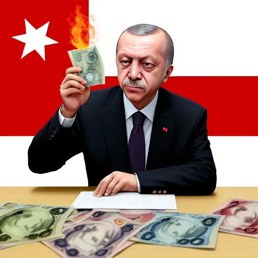 image increase resolution - a man in a suit and tie holding a burning money bill in front of a flag of turkey and a pile of money, by Matt Bors