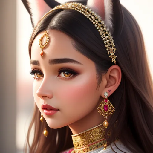 generate images from text - a woman with a cat earring and a cat earring on her head and a cat's headband, by Hsiao-Ron Cheng