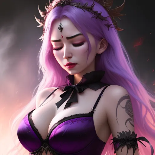 a woman with purple hair and a black bra top with a crown on her head and a black bow tie around her neck, by Daniela Uhlig