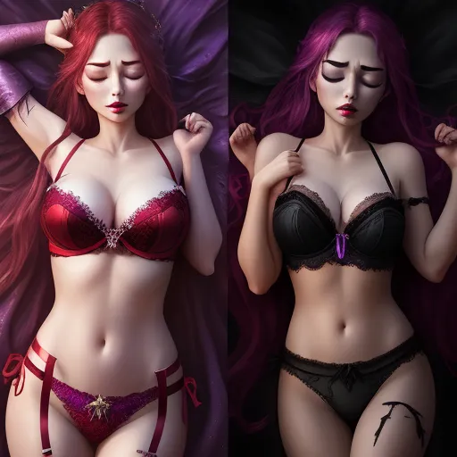 two pictures of a woman in lingerie with a purple background and a red haired woman in a black bra, by Sailor Moon