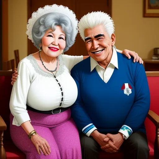 make a picture 4k online - a painting of a man and woman sitting on a couch together, smiling at the camera, with a portrait of them on the wall behind them, by Akira Toriyama