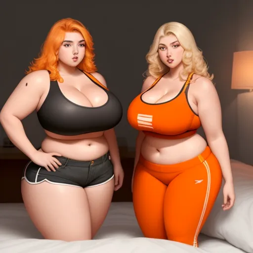 increasing photo resolution - two women in orange and black lingerie standing on a bed together, one of them is wearing a bra, by Terada Katsuya