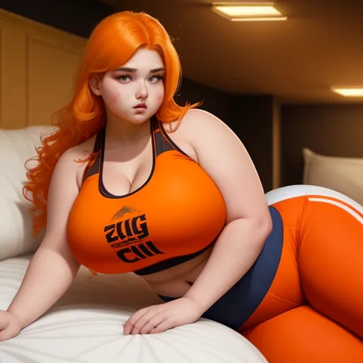 text-to-image ai - a woman with orange hair is sitting on a bed wearing a sports bra and orange pants and a black top, by Terada Katsuya