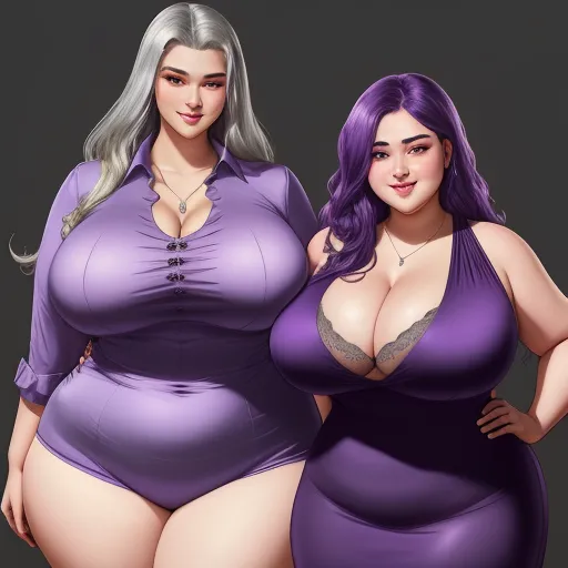 high quality maker - two women in purple dresses posing for a picture together, one is wearing a bra and the other is wearing a bra, by Hirohiko Araki