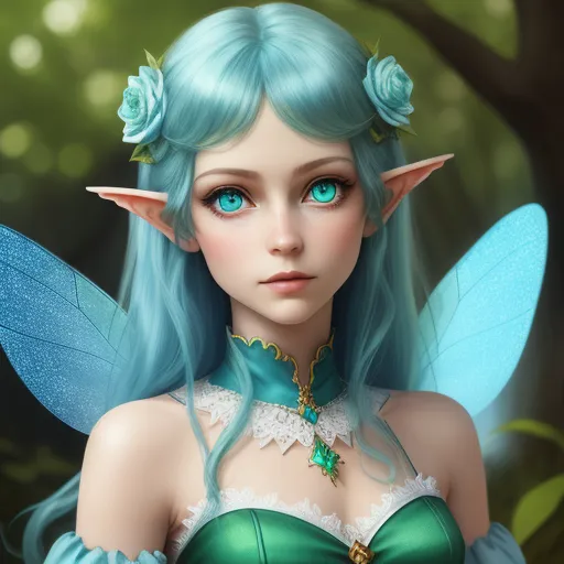 8k image: Fairy with green eyes blue dress