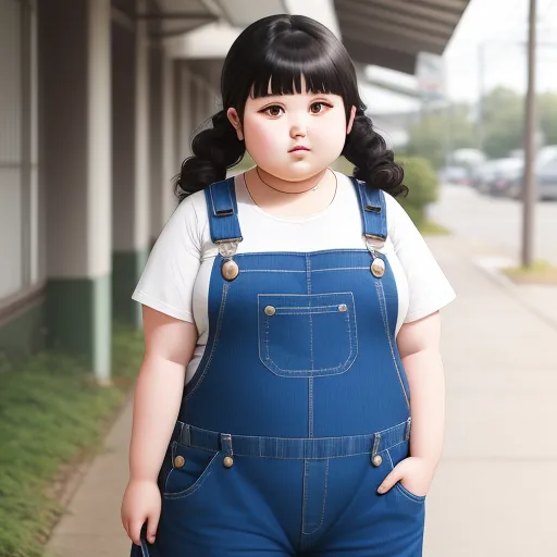 best image ai - a woman in overalls standing on a sidewalk next to a building with a clock on it's side, by Chen Daofu