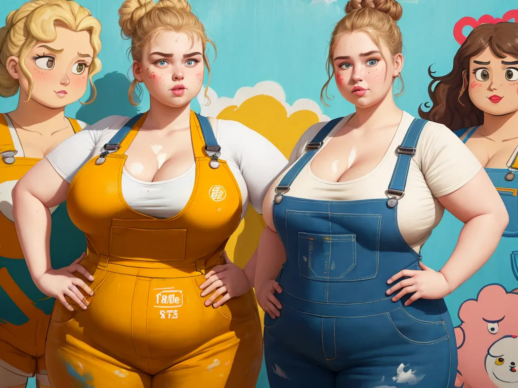 three women in overalls standing in front of a wall with cartoon characters on it and one woman with a large breast, by Akira Toriyama