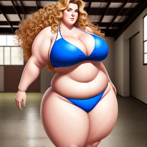 4k photos converter - a very big woman in a blue bikini posing for a picture in a room with a ceiling light and a large window, by Fernando Botero