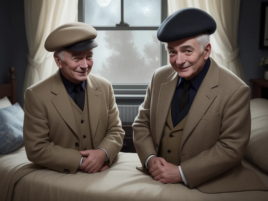 free text to image generator - two older men in suits and hats sitting on a bed together, smiling at the camera, with a window in the background, by Paul Corfield