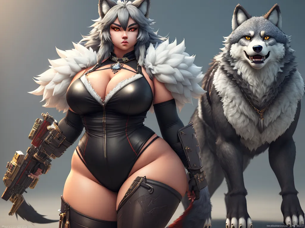 a woman in a leather outfit with a gun and a wolf behind her, with a gun in her hand, by Chen Daofu