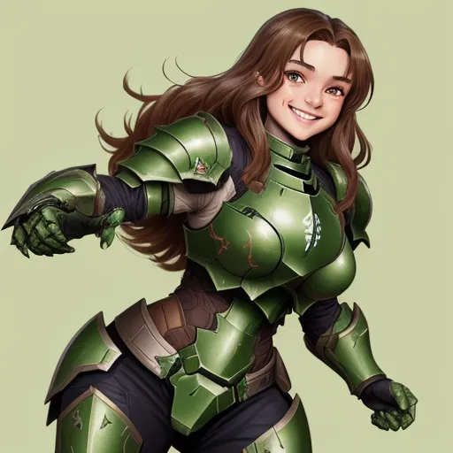 1080p photo: Female Doom Slayer Green Armor with a cute face,