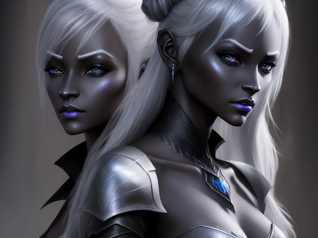 image size converter - two women with white hair and blue eyes are dressed in silver and black outfits and are facing opposite directions, by Daniela Uhlig