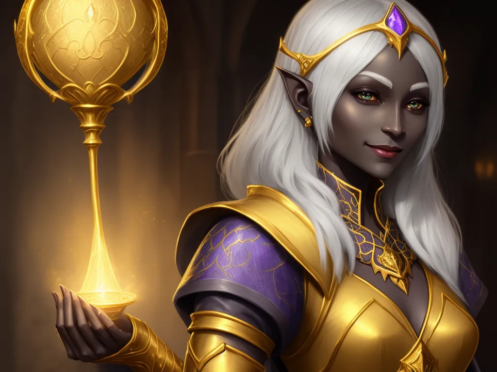ai enhance image - a woman in a golden outfit holding a golden orb and a golden staff with a purple jewel on it, by Lois van Baarle