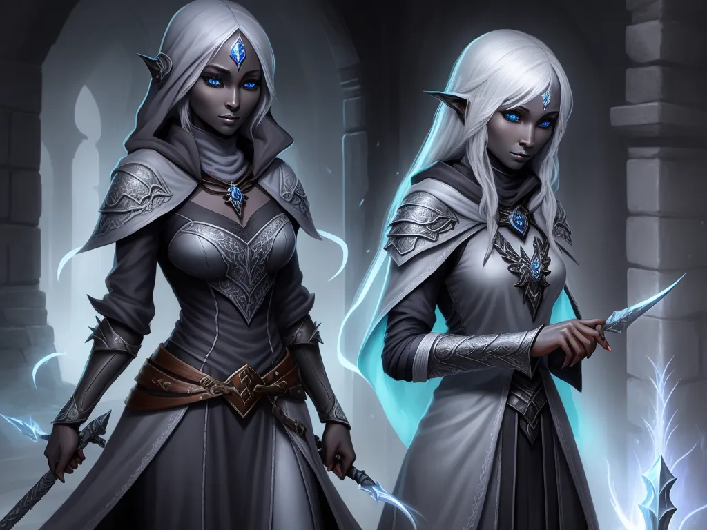 convert image to text ai - two women in white outfits with blue eyes and white hair, one holding a sword and the other wearing a silver outfit, by Daniela Uhlig