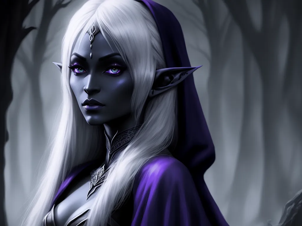 how to change image resolution - a woman with white hair and purple eyes in a forest with trees and branches, wearing a purple outfit, by Daniela Uhlig