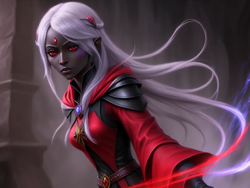 high resolution images: female drow mage, red tunic, full body